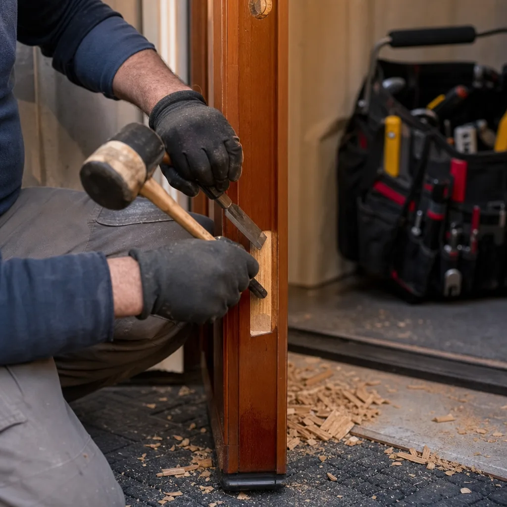 Professional locksmith installing a lock in a wooden door frame