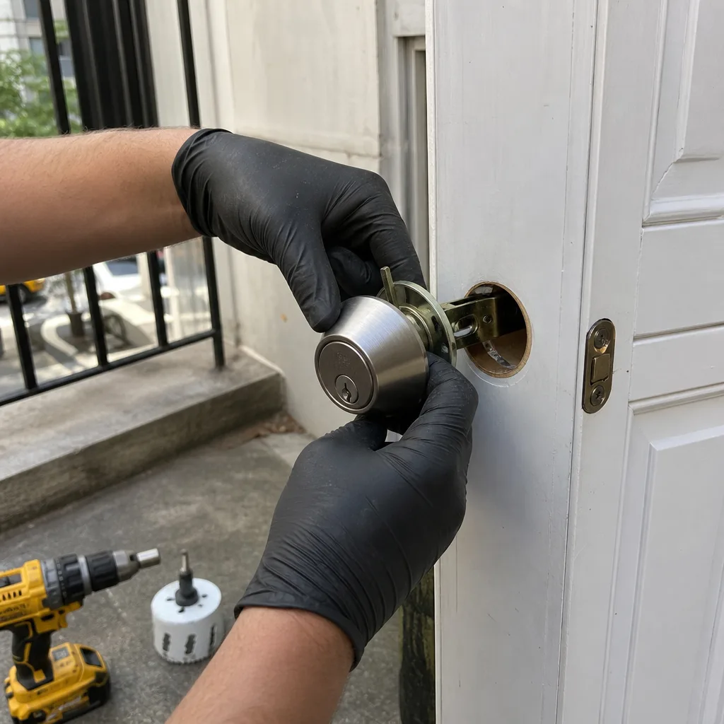Professional locksmith installing a new deadbolt lock on a door.