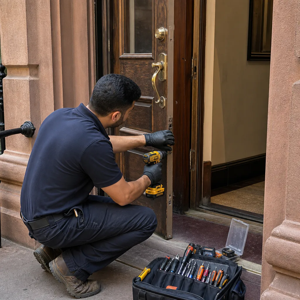 Professional locksmith using a power drill to install a residential door lock